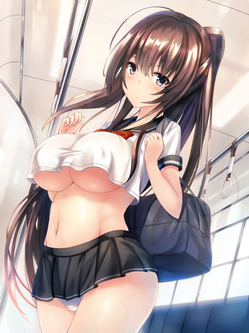 1girl absurdres ahoge bag bangs black_skirt blue_eyes blush bow bowtie breasts brown_hair commentary_request crop_top eyebrows_visible_through_hair hands_up highres holding holding_bag large_breasts legs_together liya long_hair looking_at_viewer microskirt midriff navel original panties parted_lips pleated_skirt ponytail red_neckwear school_bag school_uniform serafuku shiny shiny_hair shirt short_sleeves skirt sleeve_cuffs solo standing taut_clothes taut_shirt train_interior under_boob underwear very_long_hair white_panties white_shirt
