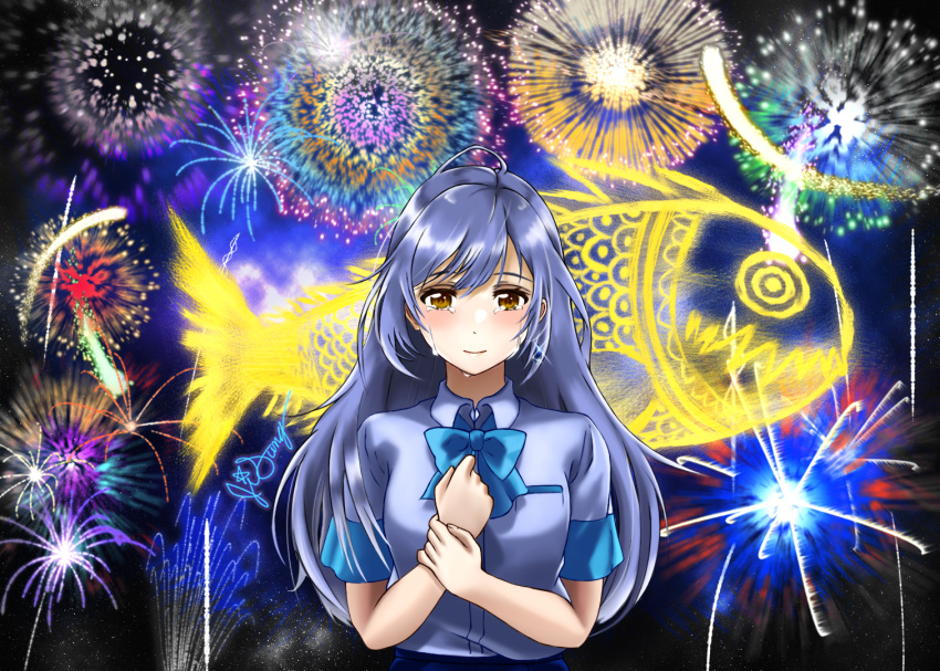 1girl aqua_bow blue_bow blush bow brown_eyes crying crying_with_eyes_open fireworks fish grey_hair holding_own_arm irozuku_sekai_no_ashita_kara jewelry ji_sung long_hair looking_at_viewer night night_sky outdoors school_uniform shirt short_sleeves silver_hair single_earring sky solo standing tears tsukishiro_hitomi uniform very_long_hair white_shirt