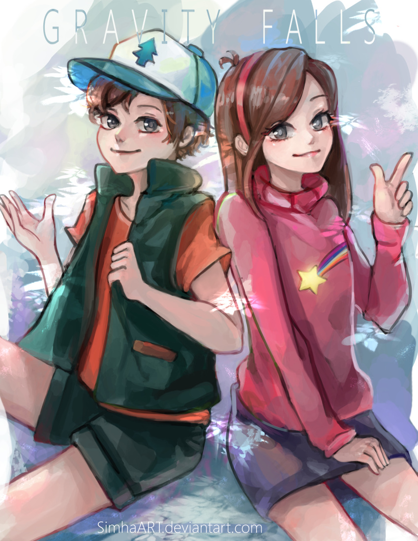 1boy 1girl arms_up artist_name baseball_cap brother_and_sister brown_hair closed_mouth commentary copyright_name dipper_pines english_commentary gravity_falls green_jacket green_shorts grey_eyes hairband hand_up hat highres jacket long_hair long_sleeves looking_at_viewer mabel_pines pencil_skirt pink_hairband pink_sweater pointing purple_skirt shorts siblings simha14 skirt sweater turtleneck watermark web_address