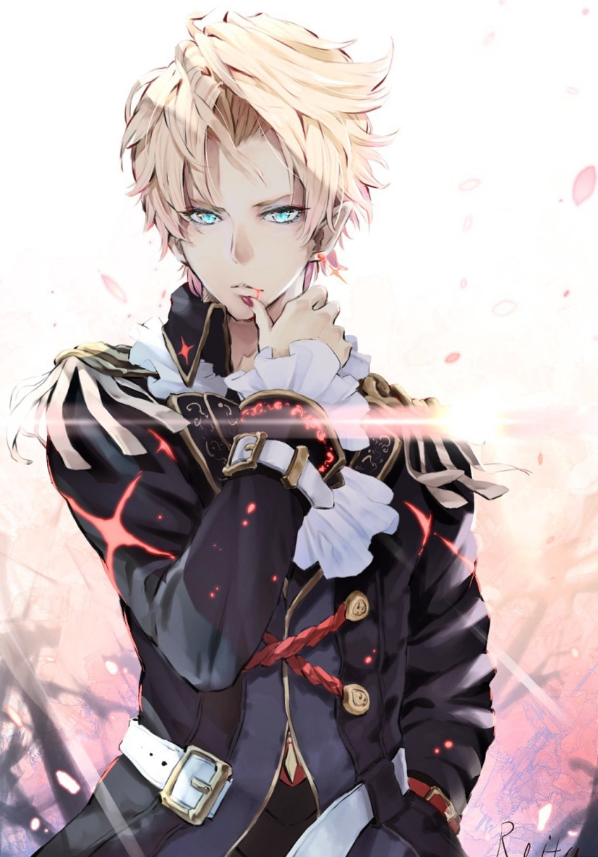 1boy arm_belt blonde_hair blood blood_from_mouth blue_eyes coat earrings glint hand_in_pocket hand_up highres hoshizaki_reita jewelry long_sleeves looking_at_viewer male_focus original parted_lips petals pointy_ears signature solo vest wiping