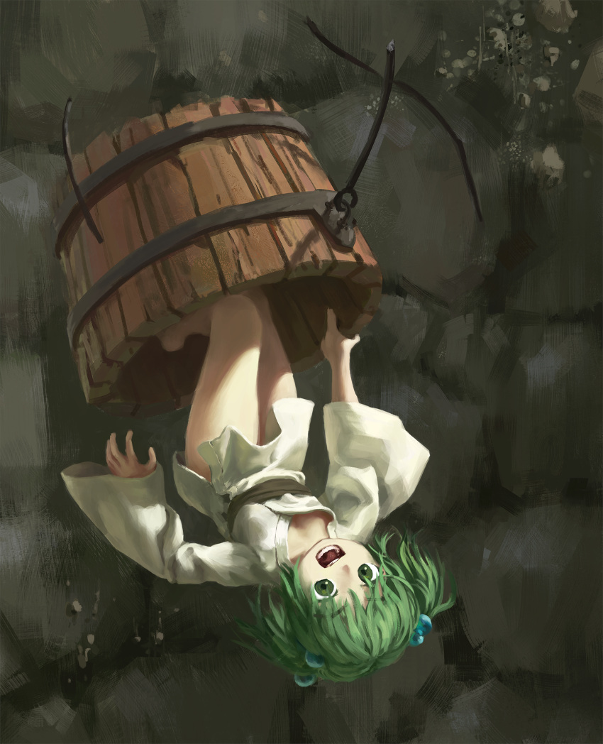 1girl bare_legs barefoot broken bucket commentary english_commentary error falling full_body green_eyes green_hair hair_bobbles hair_ornament highres japanese_clothes kimono kisume long_sleeves looking_up medium_hair obi open_mouth reddizen sash short_kimono solo teeth touhou two_side_up upside-down white_kimono wide_sleeves wooden_bucket wrong_hand