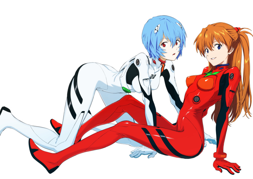 2girls absurdres all_fours arm_support ayanami_rei blue_eyes blue_hair bodysuit breasts brown_hair eyebrows_visible_through_hair full_body hair_between_eyes headgear highres long_hair looking_at_viewer multiple_girls neon_genesis_evangelion parted_lips plugsuit red_bodysuit red_eyes shiny shiny_hair short_hair simple_background sitting small_breasts souryuu_asuka_langley tuchinokoeffect twintails white_background