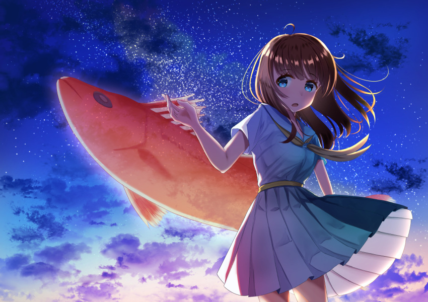 1girl :o ahoge animal backlighting bangs belt blue_eyes blue_sky brown_hair clouds cloudy_sky commentary_request cowboy_shot evening eyebrows_visible_through_hair fantasy fish fish_request floating_hair gradient_sky hand_up long_hair mimikaki_(men_bow) miniskirt open_mouth original outdoors pleated_skirt sailor_collar school_uniform serafuku shirt short_sleeves skirt sky solo standing star_(sky) starry_sky sunset white_sailor_collar white_shirt white_skirt wind wind_lift