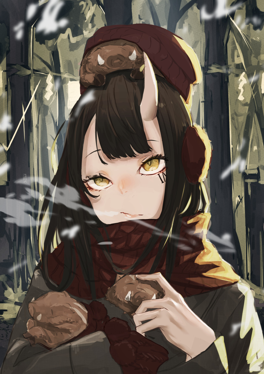 1girl :/ absurdres animal animal_on_head annoyed bangs beanie black_coat black_hair boar breath closed_mouth commentary_request earmuffs facial_mark hat highres holding holding_animal huge_filesize kuronoiparoma long_hair long_sleeves looking_up on_head oni_horns original outdoors petting pig red_hat red_scarf scarf solo tree tsurime winter winter_clothes yellow_eyes