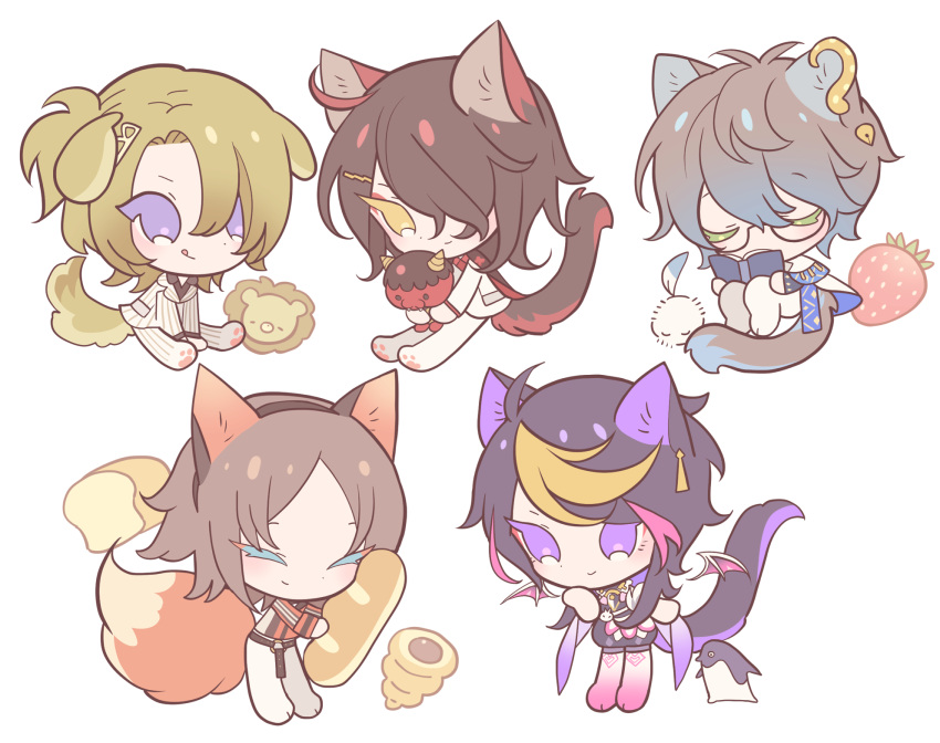 5boys animal_ears baguette bird black_hair blonde_hair blue_hair book bread brown_hair cat_boy cat_ears cat_tail chibi closed_eyes closed_mouth commentary_request dog_boy dog_ears dog_tail doll food fox_boy fox_ears fox_tail fruit full_body glasses hair_between_eyes highres holding holding_book holding_doll holding_food ike_eveland kemonomimi_mode long_hair long_sleeves luca_kaneshiro luxiem male_focus meremero multicolored_hair multiple_boys mysta_rias nijisanji nijisanji_en oni open_book penguin pink_hair purple_hair red_oni short_hair shu_yamino simple_background sitting smile standing strawberry streaked_hair tail tongue tongue_out violet_eyes virtual_youtuber vox_akuma white_background yellow_eyes