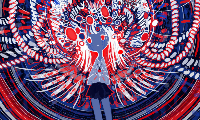 1girl abstract absurdres bangs black_skirt collared_shirt colorful cowboy_shot glowing half-closed_eyes highres jewelry long_hair necklace no_nose original red_eyes redhead shirt sizucomaru skirt solo tears white_hair white_shirt