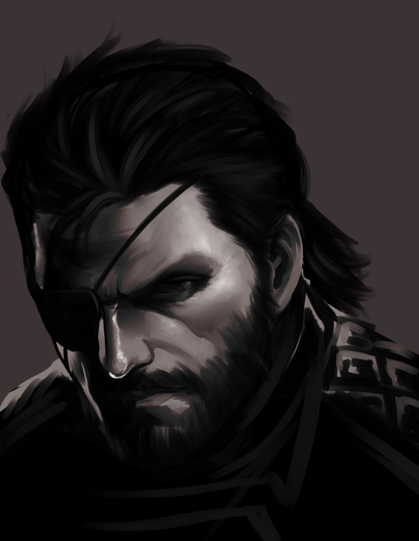 1boy beard big_boss commentary_request eyepatch face facial_hair grey_background highres hikichi_sakuya male_focus metal_gear_(series) metal_gear_solid monochrome solo