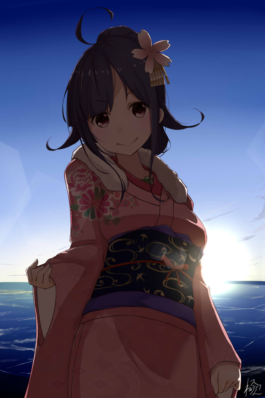 1girl absurdres alternate_costume alternate_hairstyle day highres horizon kantai_collection look neve ocean signature sky taigei_(kantai_collection)