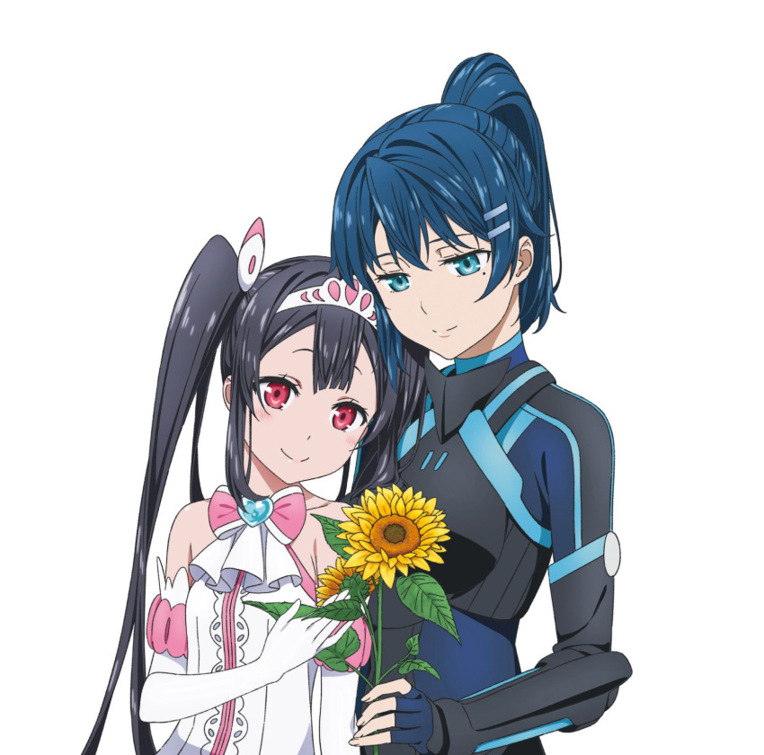 2girls album_cover artist_request bare_shoulders black_bodysuit black_hair blue_bodysuit blue_brooch blue_gloves blue_hair blush bodysuit bow bowtie breastplate breasts brooch center_frills collarbone commentary_request cover dress egao_no_daika elbow_gloves fingernails flower frilled_dress frills gloves hair_between_eyes hair_ornament hairclip half-closed_eyes head_on_another's_shoulder head_on_head heart-shaped_gem highres holding holding_flower jewelry light_blue_eyes lips medium_breasts mole mole_under_eye multiple_girls official_art pilot_suit pink_eyes pink_neckwear ponytail shiny shiny_hair simple_background sleeveless sleeveless_dress small_breasts smile stella_shining strapless strapless_dress sunflower tiara twintails white_background white_dress white_frills white_gloves yuuki_soleil