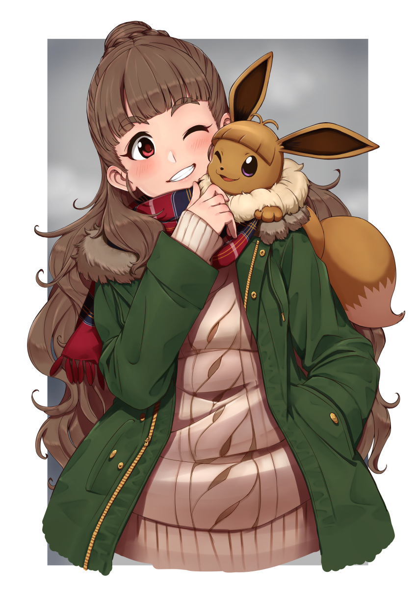 ;d absurdres antenna_hair bangs blunt_bangs blush brown_hair coat commentary_request creatures_(company) crossover eevee eyebrows_visible_through_hair game_freak gen_1_pokemon green_coat grey_background grey_sweater grin hair_bun hand_in_pocket head_tilt highres idolmaster idolmaster_cinderella_girls kamiya_nao kent0320 long_hair long_sleeves nintendo one_eye_closed open_clothes open_coat open_mouth petting pokemon pokemon_(creature) pokemon_(game) pokemon_lgpe red_eyes red_scarf ribbed_sweater scarf sleeves_past_wrists smile sweater tareme teeth thick_eyebrows upper_body violet_eyes