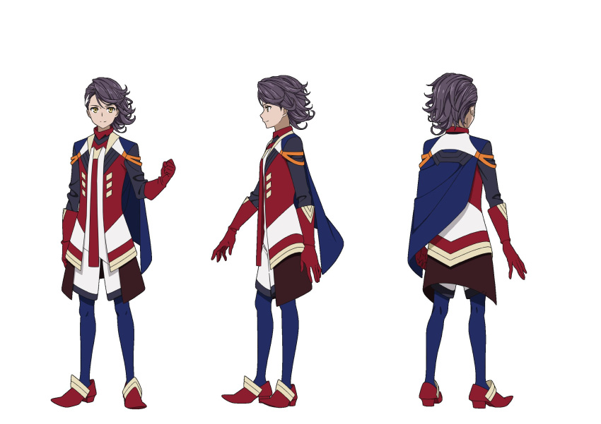 1boy asymmetrical_clothes black_jacket blue_cape blue_legwear cape character_sheet clenched_hand clenched_hands egao_no_daika footwear_request from_behind from_side full_body gloves grey_hair hair_ornament_request hand_up highres jacket kneepits leggings looking_at_viewer lune_vanquish male_focus multiple_views nakamura_naoto official_art open_hand open_hands print_gloves print_jacket profile red_footwear red_gloves red_jacket shiny shiny_hair shirt shorts simple_background smile uniform white_background white_jacket white_shirt white_shorts