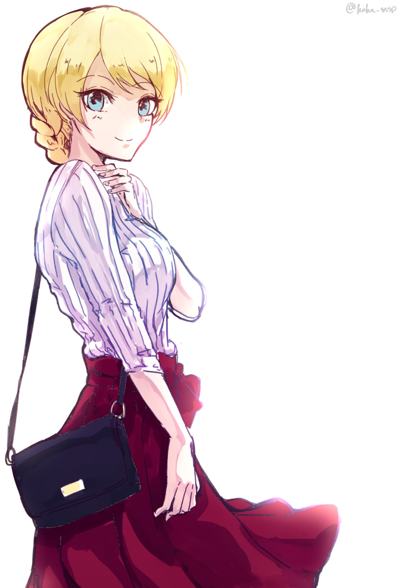 1girl absurdres backlighting bag bangs blonde_hair blue_eyes braid casual closed_mouth commentary darjeeling eyebrows_visible_through_hair girls_und_panzer hand_on_own_chest handbag high-waist_skirt highres long_sleeves looking_at_viewer matsukan_(dug_pile) medium_skirt red_skirt shirt short_hair simple_background skirt smile solo standing striped striped_shirt tied_hair twitter_username vertical-striped_shirt vertical_stripes white_background white_shirt