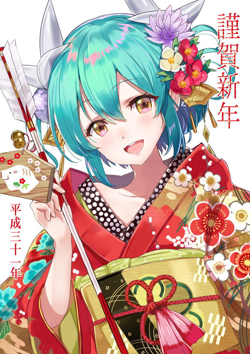 1girl absurdres arrow bangs blush chinese_zodiac collarbone eyebrows_visible_through_hair fate/grand_order fate_(series) floral_print flower green_hair hair_between_eyes hair_bun hair_flower hair_ornament highres holding horns huge_filesize japanese_clothes jewelry kimono kiyohime_(fate/grand_order) long_sleeves looking_at_viewer obi open_mouth print_kimono red_kimono sash sidelocks smile solo sora-bozu tied_hair translated white_background wide_sleeves year_of_the_pig yellow_eyes