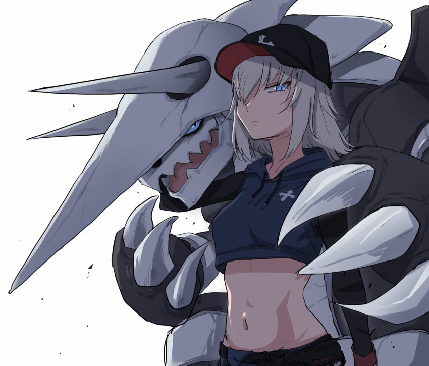 1girl aggron baseball_cap black_hat black_shorts blue_eyes closed_mouth commentary creatures_(company) crop_top emblem frown game_freak gen_3_pokemon girls_und_panzer glaring groin half-closed_eyes hat highres hood hoodie itsumi_erika long_hair long_sleeves looking_at_viewer midriff nintendo pokemon pokemon_(creature) shorts silver_hair simple_background solo standing toku_(yhpv8752) upper_body white_background