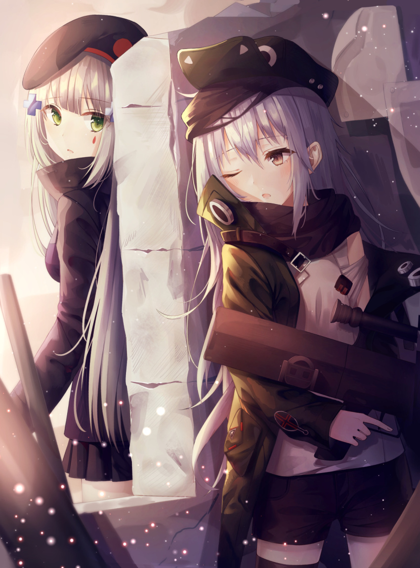 2girls ;o assault_rifle bangs bare_shoulders beret black_coat black_hat black_legwear black_scarf black_shorts black_skirt blush breasts brown_eyes commentary_request cowboy_shot cross_hair_ornament day facial_mark g11 g11_(girls_frontline) girls_frontline green_eyes green_jacket gun hair_between_eyes hair_ornament hat highres hk416_(girls_frontline) holding holding_gun holding_weapon jacket kyubi leaning light_particles long_hair long_sleeves looking_at_another looking_back medium_breasts military military_uniform miniskirt multiple_girls off_shoulder one_eye_closed open_clothes open_jacket outdoors parted_lips peaked_cap pleated_skirt rifle scarf shirt short_shorts shorts sidelocks silver_hair skirt standing thigh-highs trigger_discipline uniform wall weapon white_shirt