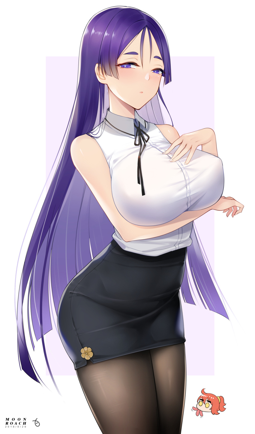 1girl arm_under_breasts bangs bare_shoulders black_legwear black_ribbon black_skirt blush breast_hold breasts collared_shirt dress_shirt erect_nipples fate/grand_order fate_(series) fujimaru_ritsuka_(female) highres long_hair looking_at_viewer minamoto_no_raikou_(fate/grand_order) miniskirt office_lady orange_hair pantyhose parted_bangs parted_lips pencil_skirt purple_hair ribbon shirt side_ponytail skirt sleeveless sleeveless_shirt solo taut_clothes taut_shirt taut_skirt tongue tongue_out very_long_hair violet_eyes yellow_eyes yueguang_zhanglang