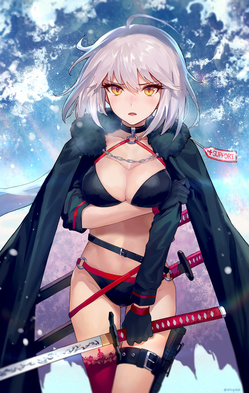 1girl ahoge ainy77 artist_name ass_visible_through_thighs bangs belt bikini black_belt black_bikini black_cape black_choker black_gloves blush breasts cape chains choker commentary_request cowboy_shot eyebrows_visible_through_hair fate/grand_order fate_(series) fur_trim gloves groin hair_between_eyes halterneck highres holding holding_sword holding_weapon holster jeanne_d'arc_(alter_swimsuit_berserker) jeanne_d'arc_(fate)_(all) katana lace lace-trimmed_legwear large_breasts looking_at_viewer navel o-ring o-ring_bikini open_mouth red_legwear scabbard sheath sheathed short_hair shrug_(clothing) silver_hair single_thighhigh sky solo standing star_(sky) starry_sky stomach swimsuit sword thigh-highs thigh_holster thighs twitter_username weapon yellow_eyes