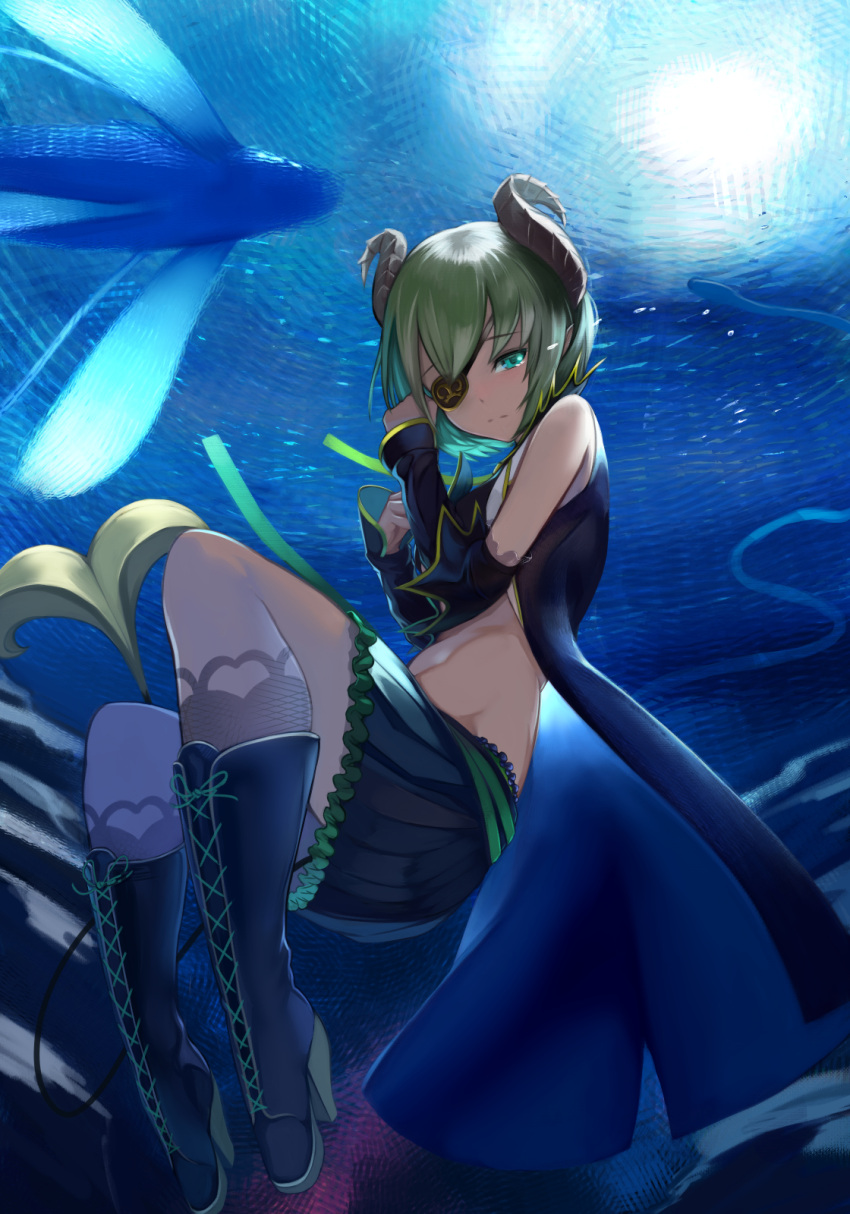 1girl black_skirt blue_eyes blush boots closed_mouth commentary demon_girl demon_horns demon_tail detached_sleeves eyepatch from_below full_body green_hair high_heel_boots high_heels highres honey_strap horns hoshara light looking_at_viewer midriff sekishiro_mico short_hair skirt solo tail tearing_up virtual_youtuber
