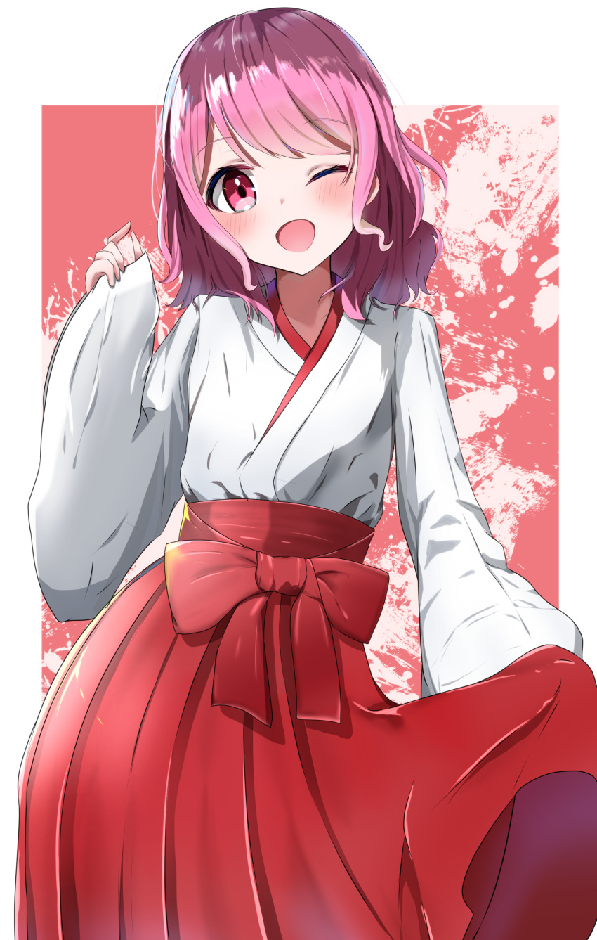 1girl ;d absurdres bang_dream! bangs bow cowboy_shot eyebrows_visible_through_hair garaudon hakama hand_up head_tilt highres japanese_clothes kimono long_sleeves looking_at_viewer maruyama_aya medium_hair miko one_eye_closed open_mouth pink_background pink_eyes pink_hair red_bow red_hakama shiny shiny_hair sleeves_past_wrists smile solo swept_bangs tareme white_kimono