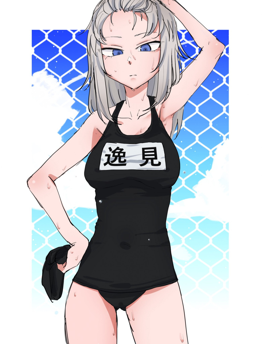 1girl arm_up armpits black_swimsuit blue_eyes breasts chain-link_fence character_name closed_mouth collarbone commentary_request cowboy_shot fence frown girls_und_panzer half-closed_eyes hand_on_hip hand_on_own_head highres holding itsumi_erika long_hair looking_at_viewer medium_breasts name_tag old_school_swimsuit one-piece_swimsuit school_swimsuit silver_hair sketch solo standing swim_cap swimsuit toku_(yhpv8752) wet