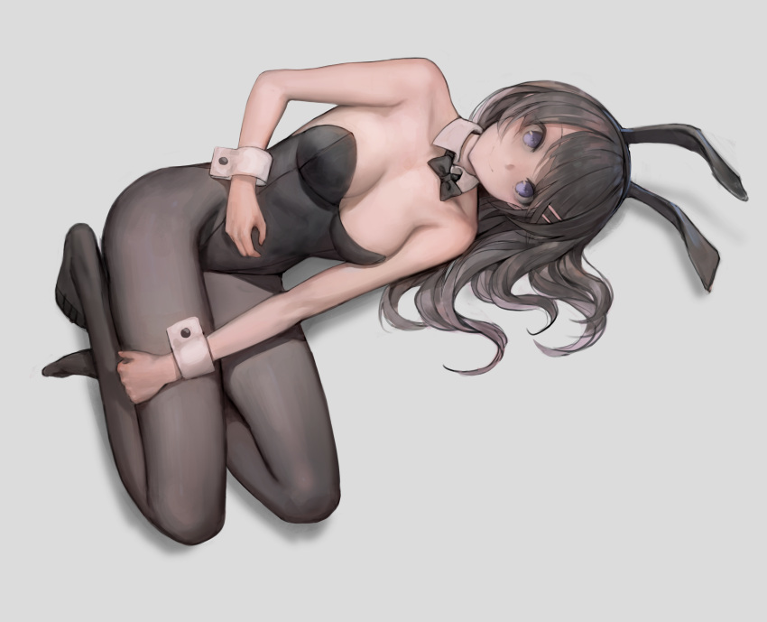 1girl absurdres animal_ears bangs bare_arms bare_shoulders black_hair black_hairband black_legwear black_leotard black_neckwear bow bowtie breasts breasts_apart bunnysuit closed_mouth collarbone commentary_request detached_collar egk513 fake_animal_ears full_body grey_background hair_ornament hair_spread_out hairband hairclip highres leotard long_hair looking_at_viewer lying medium_breasts no_shoes on_side pantyhose rabbit_ears sakurajima_mai seishun_buta_yarou shadow sidelocks simple_background smile solo swept_bangs violet_eyes wrist_cuffs