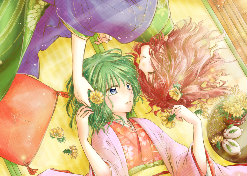 2girls alternate_costume arm_up blue_eyes closed_eyes commentary_request facing_another floral_print flower from_above green_hair hair_flower hair_ornament hand_in_another's_hair hanten_(clothes) holding holding_flower japanese_clothes kiduki_kaya kimono light_particles looking_at_another lying medium_hair multiple_girls obi on_back on_floor on_side onozuka_komachi parted_lips pillow plant potted_plant redhead sash shiki_eiki short_hair snow_bunny tatami touhou tray yuri