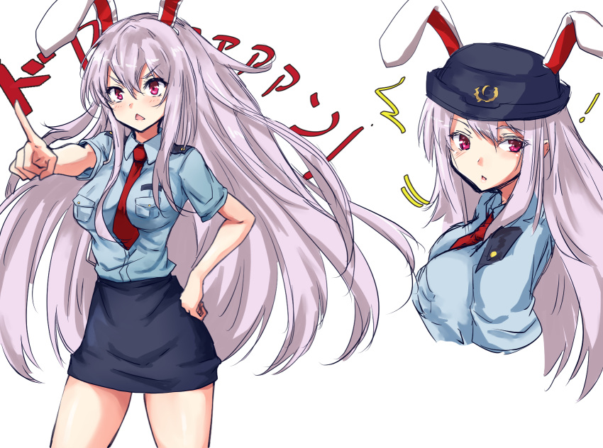 ! 1girl amagi_(amagi626) animal_ears blue_shirt blush breast_pocket eyebrows_visible_through_hair foreshortening hair_between_eyes hand_on_hip hat highres index_finger_raised legs_apart long_hair looking_back multiple_views necktie pocket pointing_finger police police_uniform policewoman purple_hair rabbit_ears raised_eyebrows red_eyes red_neckwear reisen_udongein_inaba shirt sketch skirt solo thighs touhou triangle_mouth uniform upper_body