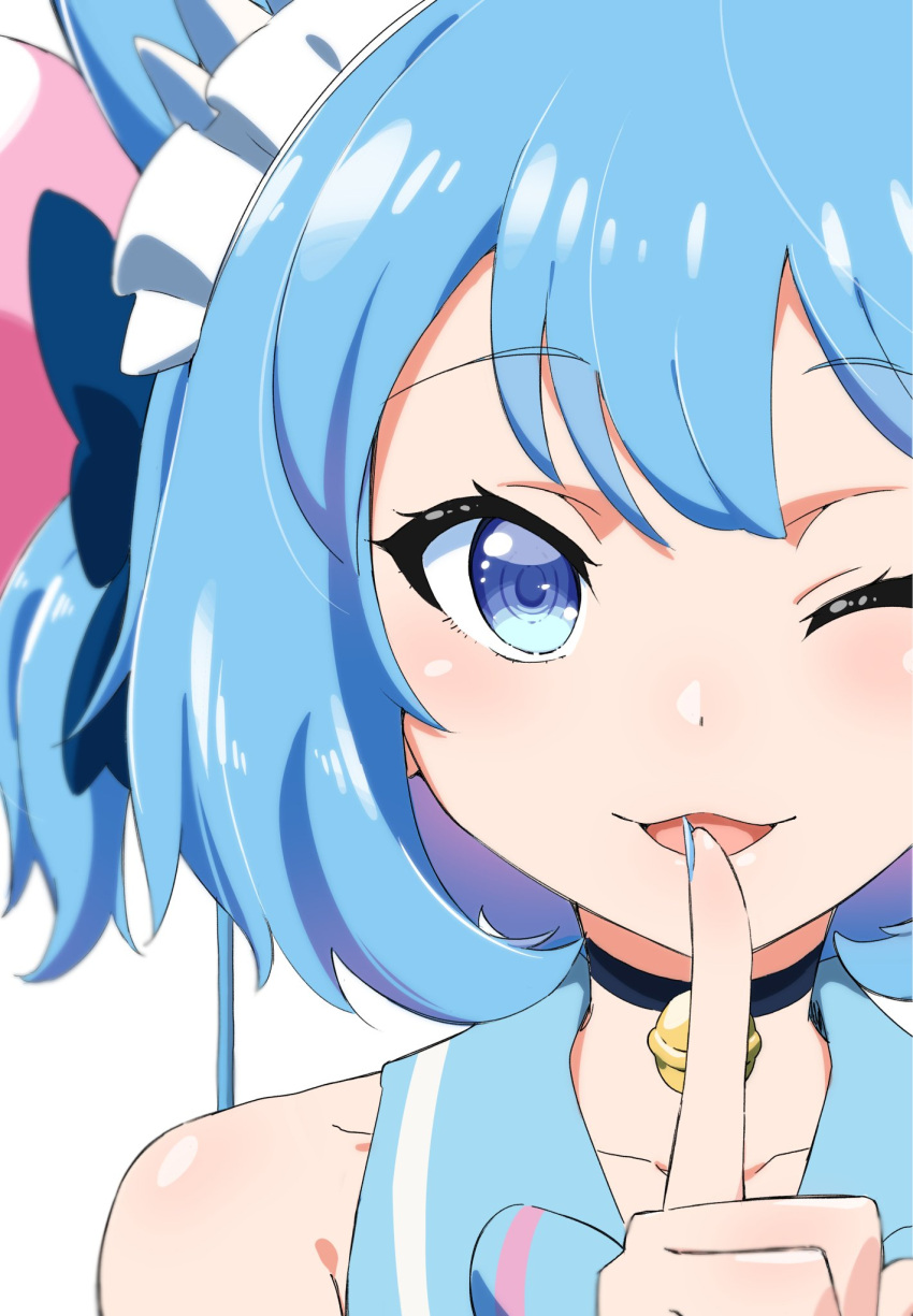 1girl animal_ears animare bangs bell bell_choker blue_hair blurry blurry_background blush cat_ears choker collarbone commentary depth_of_field eyebrows_visible_through_hair finger_to_mouth hair_between_eyes headdress highres index_finger_raised looking_at_viewer mitsuda_hajime one_eye_closed short_hair sidelocks smile solo souya_ichika virtual_youtuber