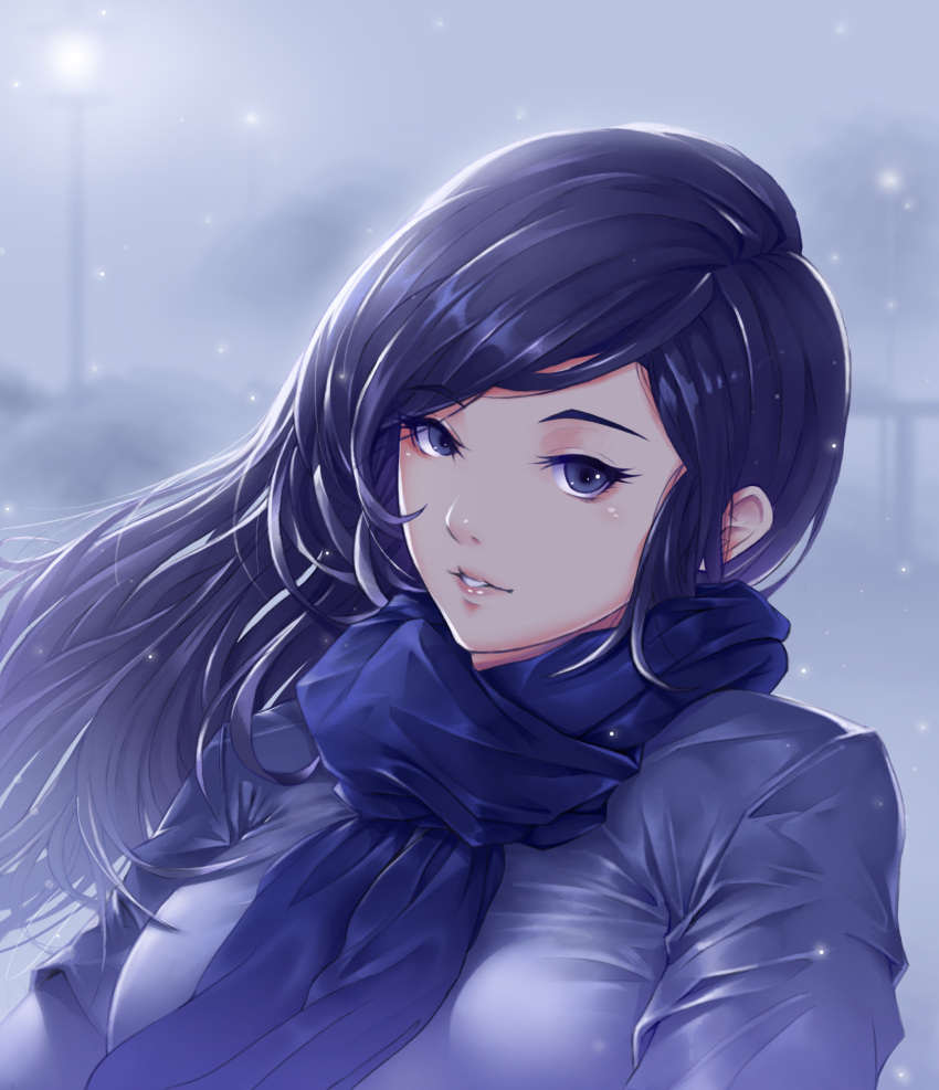 1girl absurdres black_hair blue_eyes blue_scarf blurry breasts coat depth_of_field duffel_coat expressionless gi_gi hair_blowing highres lamppost leaning_over long_hair looking_at_viewer medium_breasts original outdoors overcast parted_lips scarf shiny shiny_hair snowing solo thick_eyebrows upper_body wind winter_clothes winter_coat