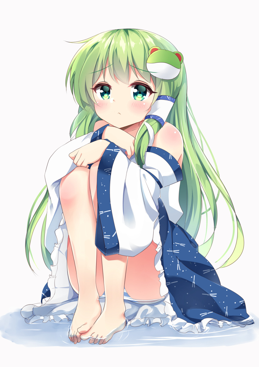 1girl absurdres agung_syaeful_anwar ass bangs bare_legs bare_shoulders barefoot blue_panties blue_skirt blush closed_mouth detached_sleeves eyebrows_visible_through_hair frilled_skirt frills frog_hair_ornament frown green_eyes green_hair hair_ornament hair_tubes highres japanese_clothes knees_up kochiya_sanae long_hair long_sleeves looking_at_viewer miniskirt panties sidelocks simple_background sitting skirt snake_hair_ornament solo striped striped_panties thighs toes touhou underwear water white_background wide_sleeves