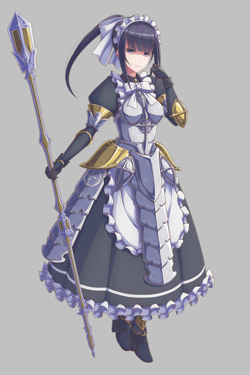 1girl armor armored_dress bangs black_dress black_footwear black_gloves black_hair blue_eyes blunt_bangs bow breasts breasts_apart dress elbow_gloves faulds frilled_dress frills full_body gloves grey_background hair_bow high_heels highres holding_polearm long_dress long_hair looking_at_viewer maid_headdress medium_breasts narberal_gamma overlord_(maruyama) ponytail shiny shiny_hair sidelocks simple_background solo standing white_bow white_neckwear yoruusagi