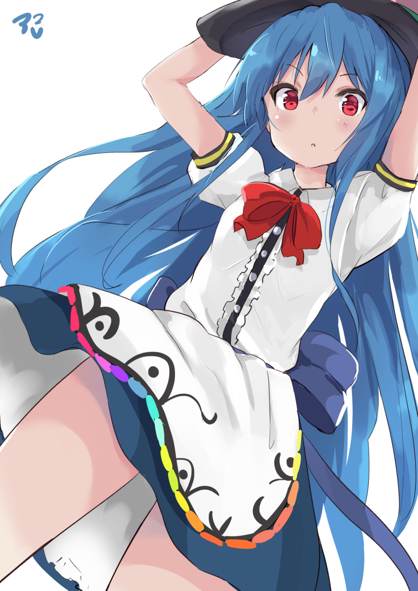 1girl :o amano_kouki apron arms_up bangs bare_arms black_hat blue_hair blue_ribbon blue_skirt blush buttons collared_shirt commentary_request cowboy_shot dutch_angle eyebrows_visible_through_hair frilled_shirt frills hair_between_eyes hat highres hinanawi_tenshi long_hair looking_at_viewer neck_ribbon parted_lips puffy_short_sleeves puffy_sleeves red_eyes red_neckwear ribbon sanpaku shirt short_sleeves sidelocks simple_background skirt solo thighs touhou v-shaped_eyebrows very_long_hair white_background white_shirt wind wind_lift