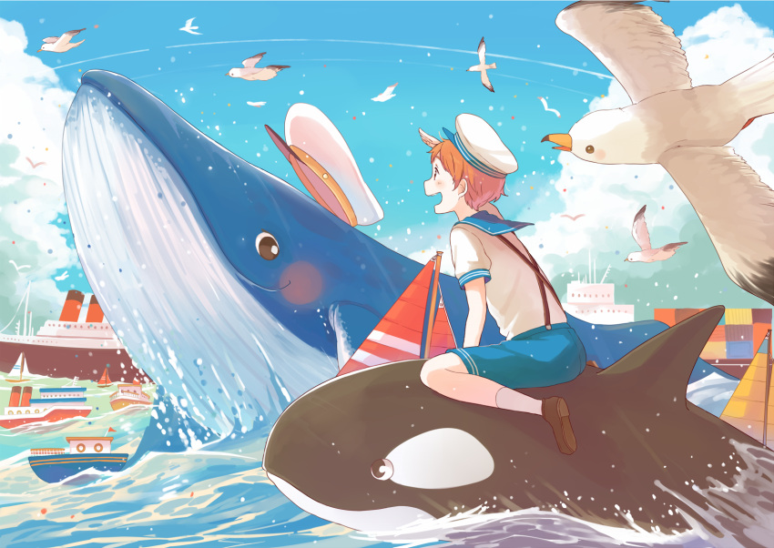 1boy :d animal bird black_footwear blue_shorts blush boat commentary_request cruise_ship day hat highres kana_(okitasougo222) male_focus ocean open_mouth orange_hair orca original outdoors riding sailboat sailor_hat salute school_uniform seagull serafuku shading_eyes shoes short_hair short_sleeves shorts smile socks solo suspenders watercraft whale white_hat white_legwear