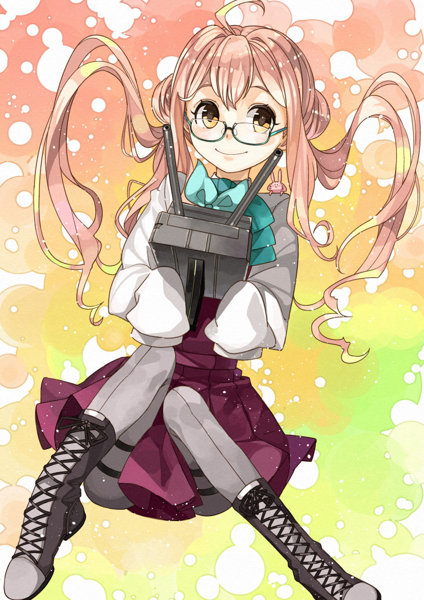 1girl absurdres adapted_turret ahoge aqua-framed_eyewear boots cannon cross-laced_footwear double_bun full_body glasses gradient gradient_background grey_legwear hair_bun halterneck highres kanmiya_shinobu kantai_collection lace-up_boots long_sleeves looking_at_viewer makigumo_(kantai_collection) pantyhose pink_hair school_uniform semi-rimless_eyewear shirt sleeves_past_fingers sleeves_past_wrists smile solo turret twintails under-rim_eyewear white_shirt yellow_eyes