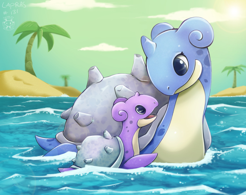 baby character_name clouds commentary creature english_commentary gen_1_pokemon highres lapras no_humans palm_tree parent_and_child pokemon pokemon_(creature) pokemon_number shiny_pokemon twime777 water