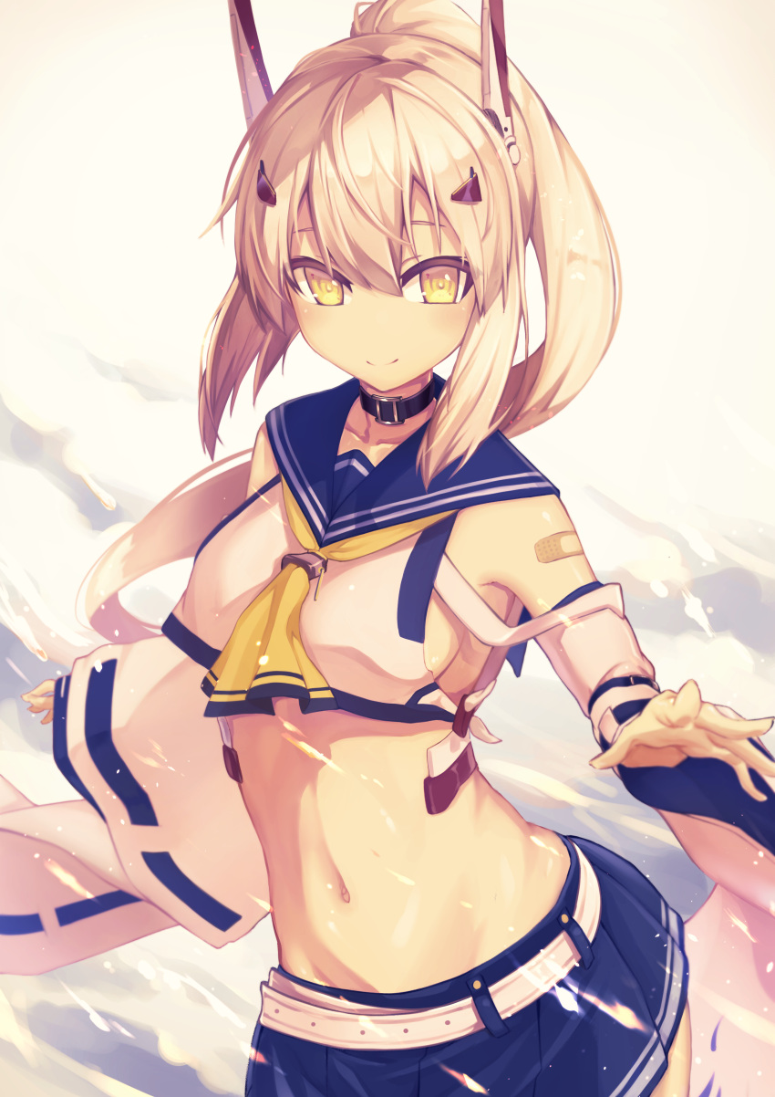 1girl absurdres ahoge arched_back ayanami_(azur_lane) azur_lane bandaid_on_arm bangs bare_shoulders black_choker blonde_hair blue_sailor_collar blue_skirt breasts choker collarbone commentary cowboy_shot crop_top detached_sleeves eyebrows_visible_through_hair hair_between_eyes headgear high_ponytail highres long_hair looking_at_viewer medium_breasts midriff navel pleated_skirt ponytail remodel_(azur_lane) sailor_collar sakura_cha school_uniform serafuku shirt sideboob sidelocks skirt smile solo stomach white_shirt wide_sleeves yellow_eyes yellow_neckwear