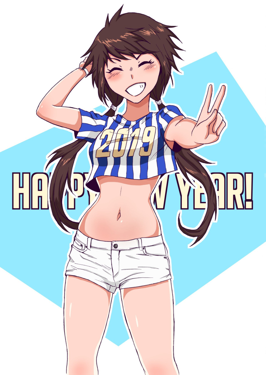 1girl 2019 arm_behind_head arm_up bangs blush brown_hair closed_eyes crop_top english_text grin hairband highres legs long_hair midriff navel new_year original outstretched_arm print_shirt shirt short_shorts short_sleeves shorts simple_background smile solo striped striped_shirt sytokun teamsummoner twintails v watch white_shorts