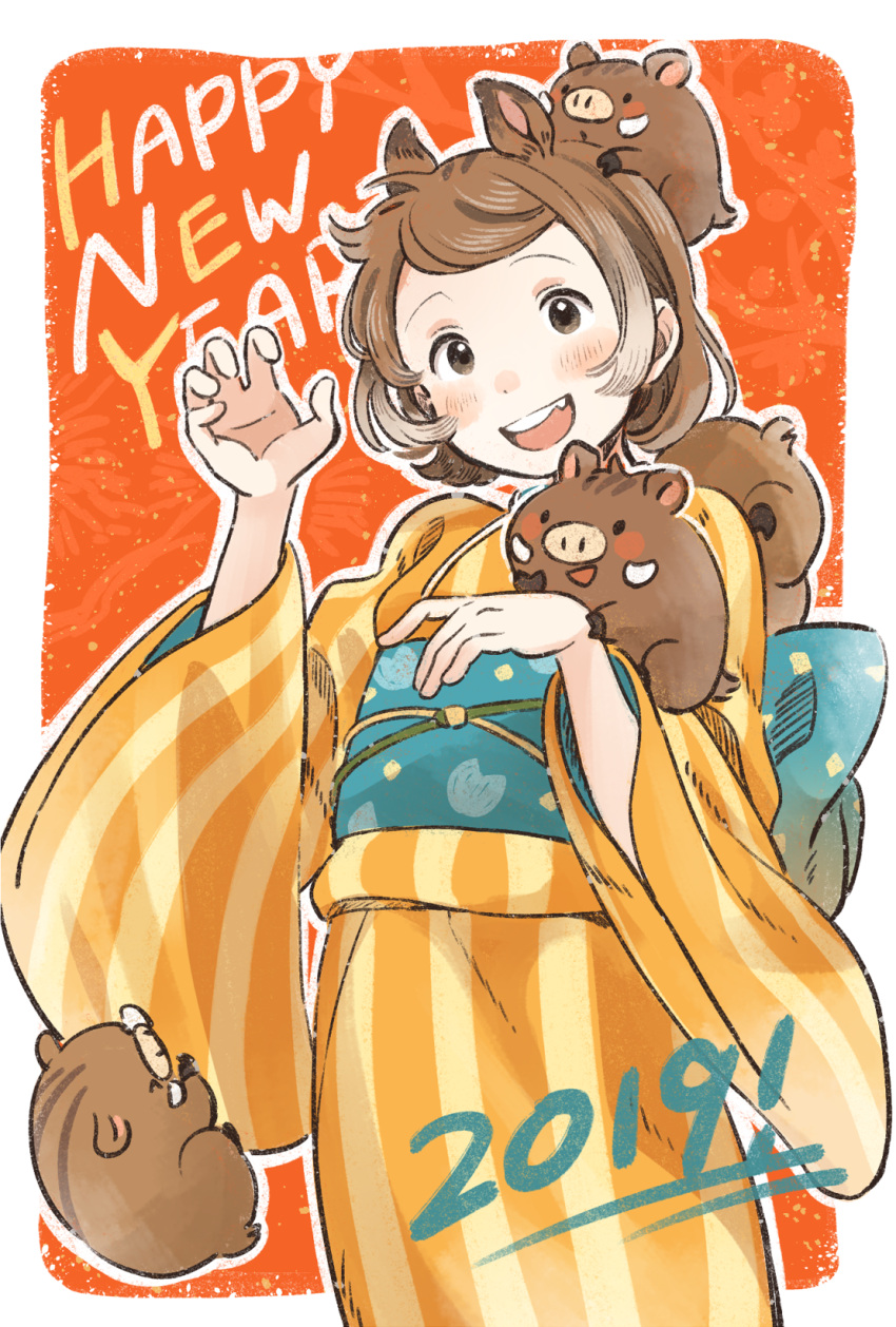 1girl 2019 :d animal animal_ears animal_on_hand animal_on_head back_bow boar boar_ears bow brown_eyes brown_hair chinese_zodiac claw_pose commentary happy_new_year highres japanese_clothes kana_(okitasougo222) kimono long_sleeves looking_at_viewer new_year obi on_head open_mouth orange_kimono original outline red_background sash short_hair smile solo striped vertical-striped_kimono vertical_stripes white_outline wide_sleeves year_of_the_pig