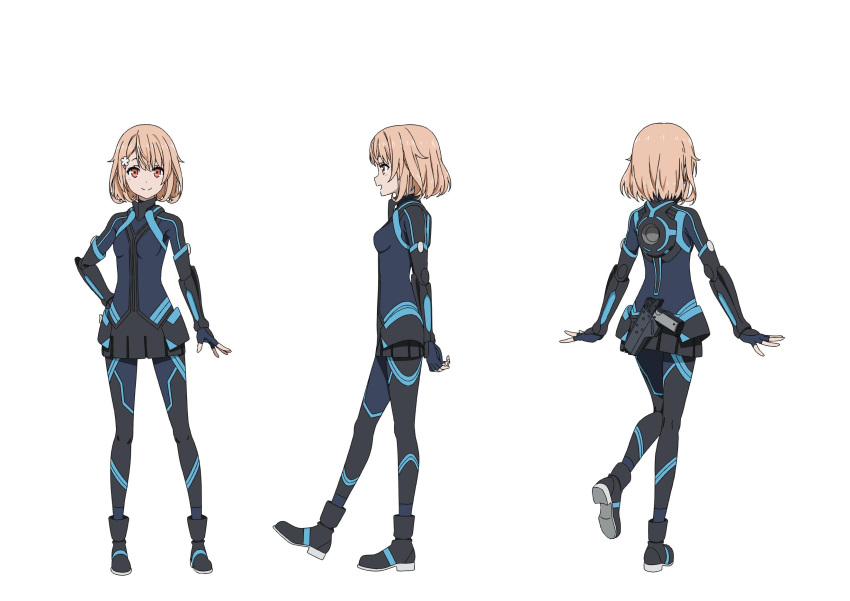 1girl arms_behind_back black_bodysuit black_footwear black_skirt blue_bodysuit blue_gloves blush bodysuit breasts character_sheet egao_no_daika from_behind from_side full_body gloves grey_footwear gun gun_request hand_on_hip highres kneepits light_brown_hair lily_earhart looking_at_viewer miniskirt multiple_views nakamura_naoto official_art open_hands open_mouth orange_eyes pilot_suit pleated_skirt profile shiny shiny_hair short_hair simple_background skirt small_breasts smile standing weapon white_background