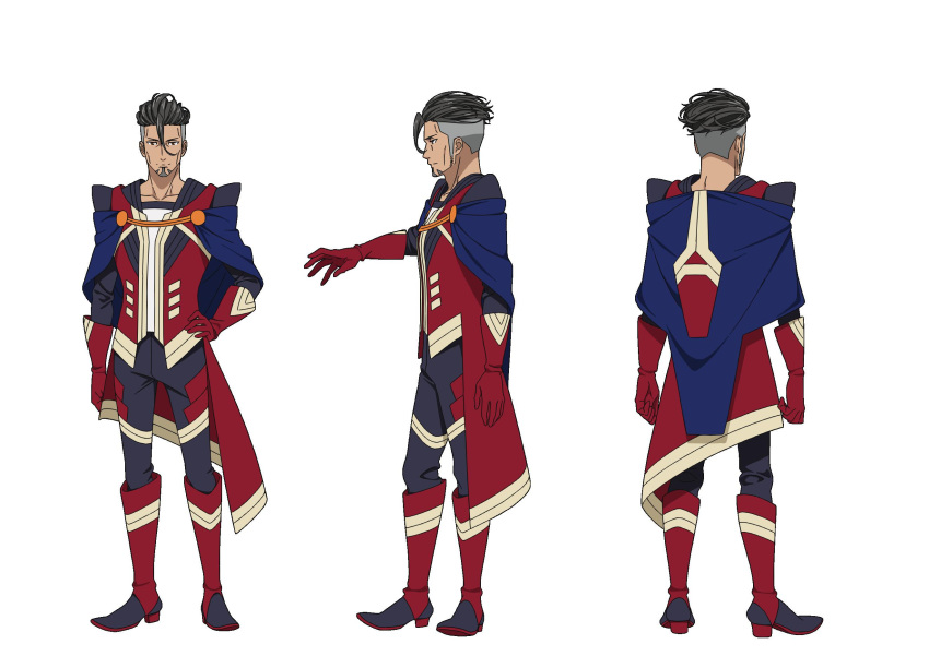 1boy asymmetrical_clothes black_footwear black_hair black_pants blue_cape boots brown_eyes cape character_sheet clenched_hand clenched_hands collarbone egao_no_daika from_behind from_side full_body gloves hair_between_eyes hand_on_hip hand_up harold_miller highres jacket looking_at_viewer multiple_views nakamura_naoto official_art open_hands pants print_cape print_gloves print_jacket print_pants profile red_footwear red_gloves red_jacket shiny shiny_hair shirt simple_background standing uniform white_background white_shirt