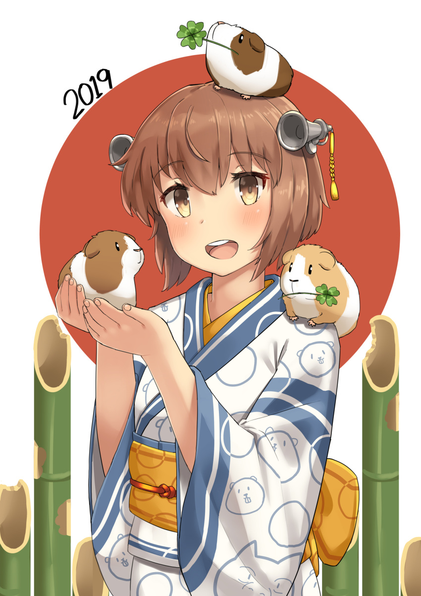 1girl absurdres alternate_costume animal animal_print bamboo brown_eyes brown_hair clover eyebrows_visible_through_hair four-leaf_clover hamster headgear highres holding holding_animal japanese_clothes kantai_collection kimono looking_at_viewer obi open_mouth sash short_hair solo soushou_nin speaking_tube_headset upper_body white_kimono yukikaze_(kantai_collection)