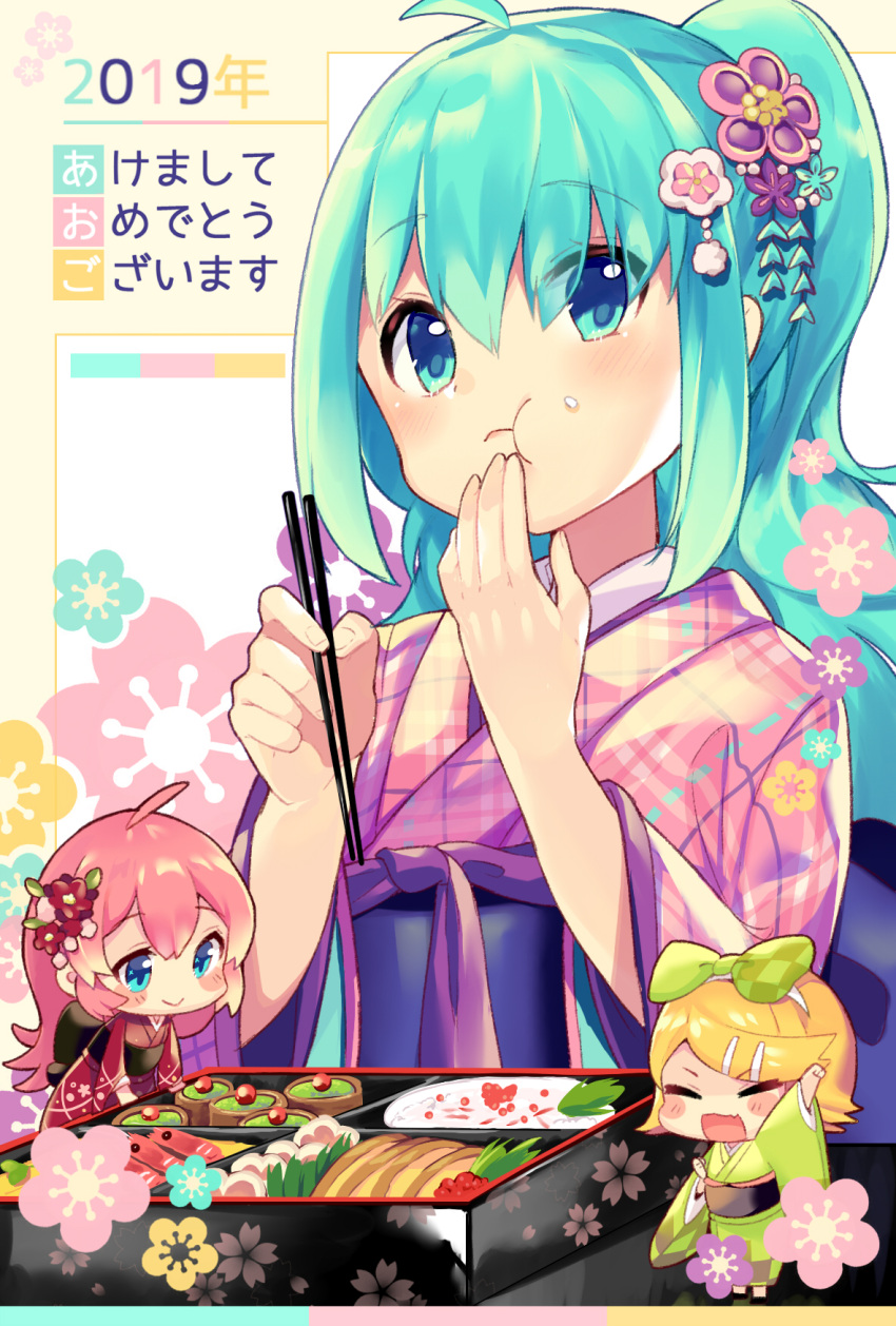 2019 3girls :d :t ahoge aqua_hair back_bow black_bow blonde_hair blue_eyes bow checkered checkered_bow chibi chopsticks closed_eyes closed_mouth commentary_request eating flower food food_on_face green_bow green_kimono hair_bow hair_flower hair_ornament hairband hairclip hatsune_miku high_ponytail highres holding holding_chopsticks ikari_(aor3507) japanese_clothes kagamine_rin kimono long_hair long_sleeves megurine_luka minigirl multiple_girls obi open_mouth pink_hair pink_kimono ponytail red_flower red_kimono rice rice_on_face sash sidelocks smile standing very_long_hair vocaloid white_hairband wide_sleeves