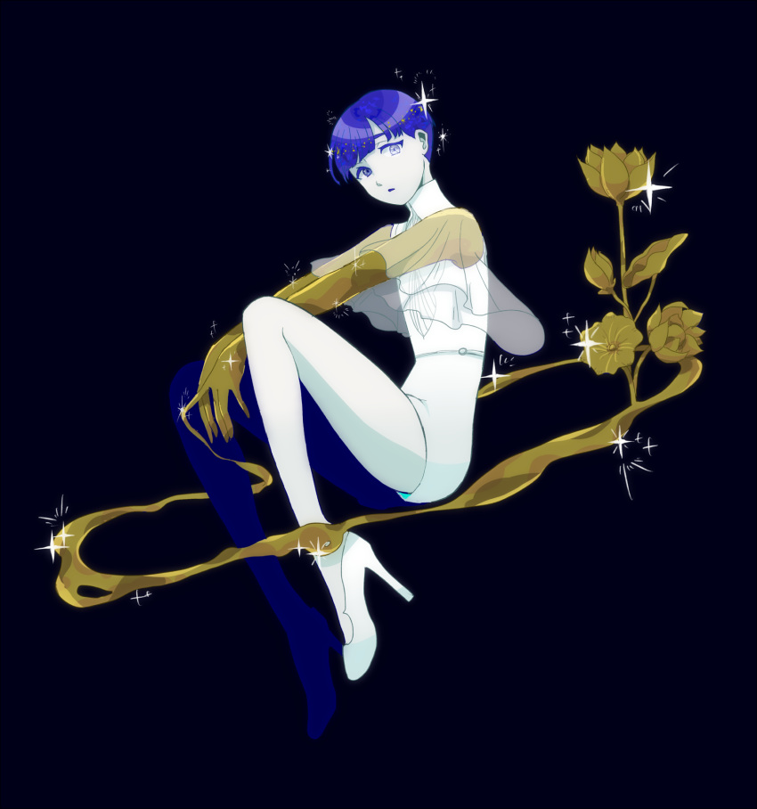 1other androgynous bangs black_background blue_eyes blue_hair blunt_bangs colored_eyelashes crystal_hair flower full_body golden_arms heterochromia high_heels highres houseki_no_kuni looking_at_viewer phosphophyllite phosphophyllite_(ll) see-through_sleeves short_hair solo sparkle spoilers white_eyes white_skin