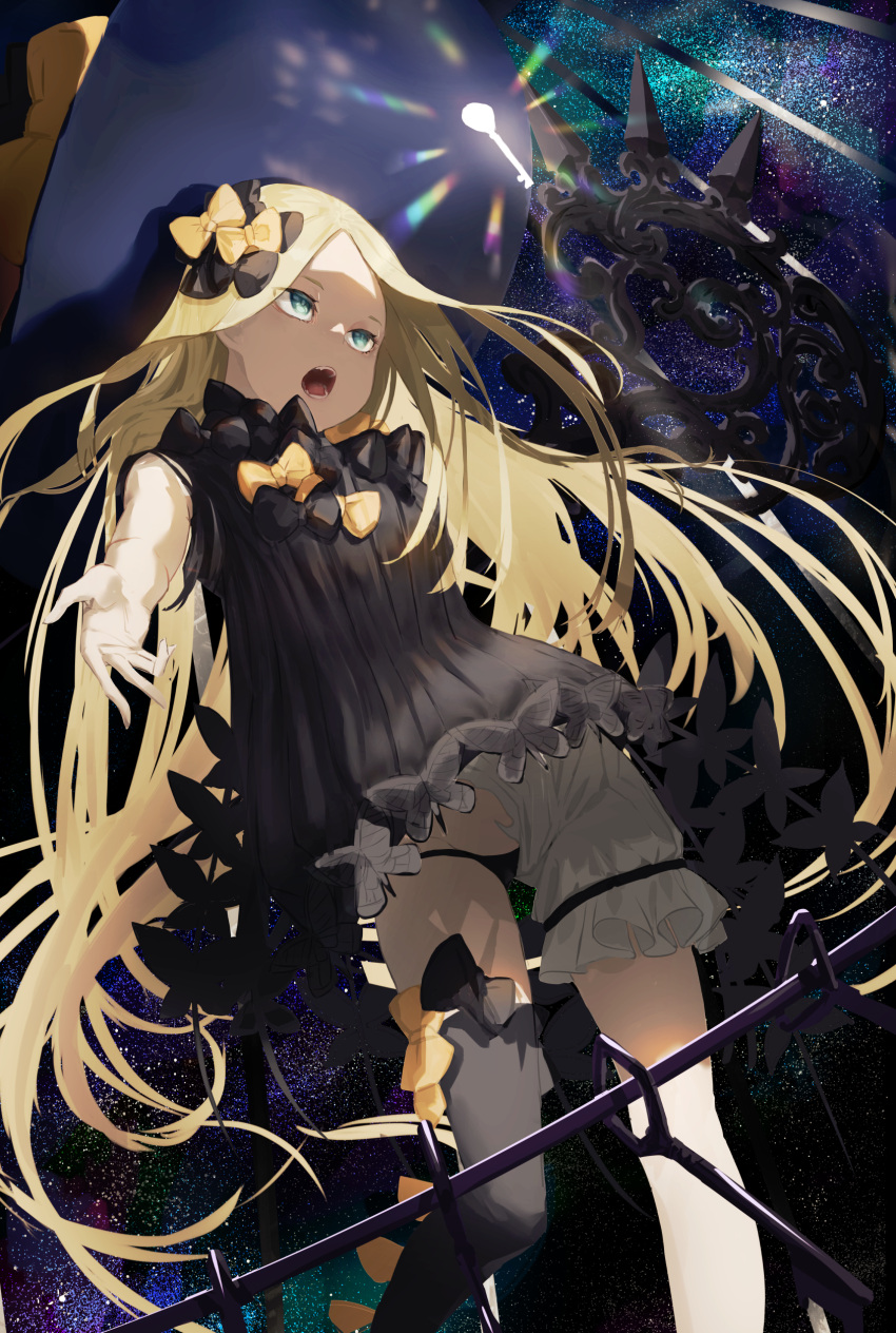 1girl abigail_williams_(fate/grand_order) absurdres bangs black_bow black_dress black_hat black_legwear black_panties blonde_hair bloomers blue_eyes bow bug butterfly commentary_request dress fate/grand_order fate_(series) forehead glowing groin hair_bow hat highres insect key kuronoiparoma long_hair looking_away mismatched_legwear night night_sky open_mouth orange_bow panties parted_bangs single_thighhigh sky solo star_(sky) starry_sky thigh-highs transformation underwear very_long_hair white_bloomers witch_hat