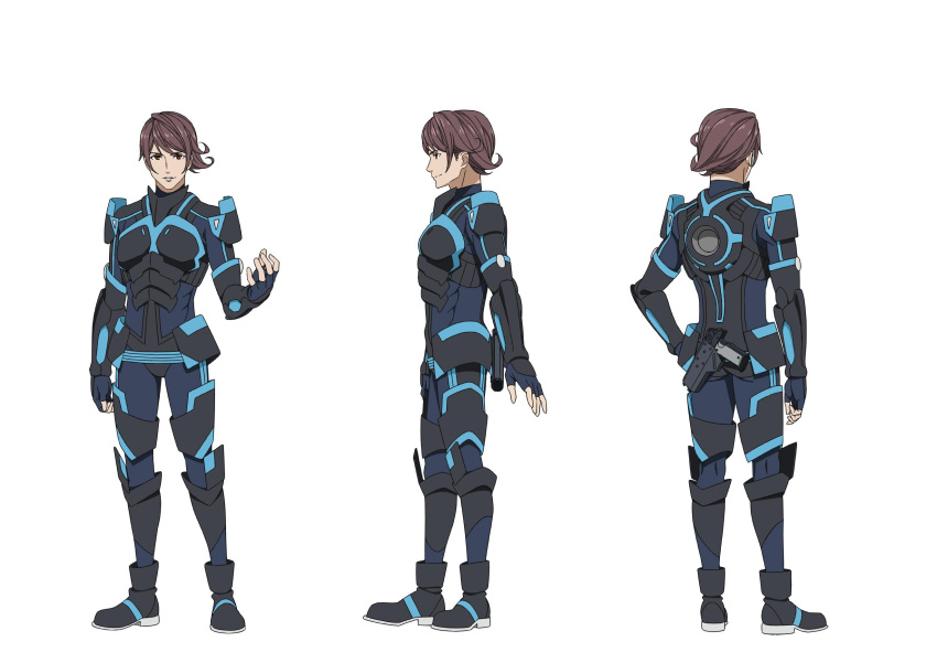 1boy armor ass black_bodysuit black_footwear blue_bodysuit blue_gloves bodysuit brown_eyes brown_hair character_sheet clenched_hand egao_no_daika from_behind from_side full_body gloves grey_footwear gun gun_request hand_on_hip hand_up highres huey_malthus kneepits looking_at_viewer male_focus multiple_views muscle nakamura_naoto official_art open_hand parted_lips pilot_suit profile shiny shiny_hair shoulder_pads simple_background smile standing weapon white_background