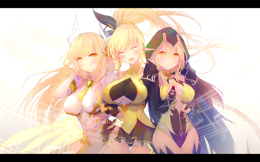 3girls :d ^_^ absurdres black_skirt blonde_hair blush braid breasts character_request closed_eyes closed_eyes closed_mouth earrings elsword eyebrows_visible_through_hair frown hair_between_eyes hand_around_wrist hand_in_hair head_tilt high_ponytail highres hood hoop_earrings jewelry large_breasts letterboxed locked_arms long_hair looking_at_viewer muike multiple_girls open_mouth orange_eyes pointy_ears rena_(elsword) skirt smile very_long_hair white_background