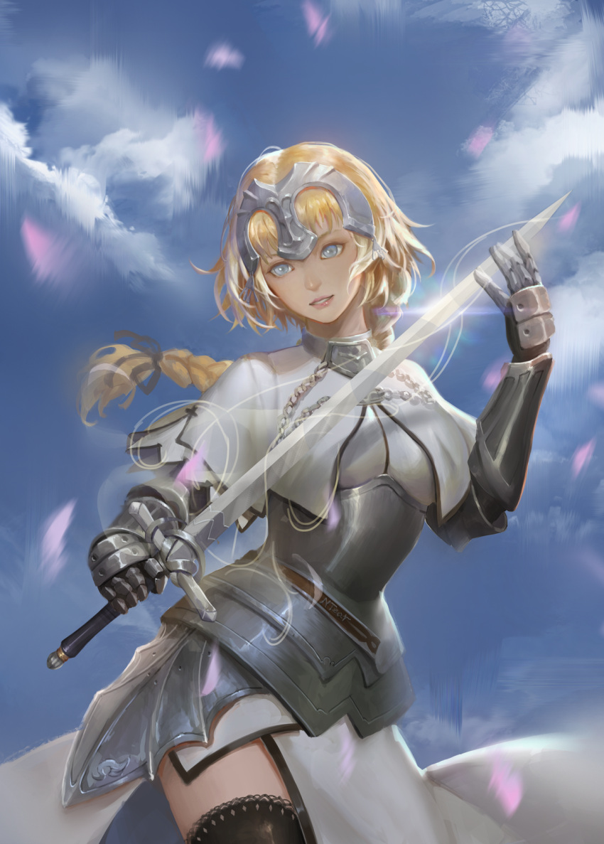 1girl armor armored_dress black_legwear black_ribbon blonde_hair blue_eyes braid capelet chains dress fate/apocrypha fate/grand_order fate_(series) gauntlets hair_ribbon headpiece highres jeanne_d'arc_(fate) jeanne_d'arc_(fate)_(all) long_braid long_hair looking_at_viewer mask_shounen parted_lips ribbon single_braid sky solo sword thigh-highs very_long_hair weapon white_capelet white_dress