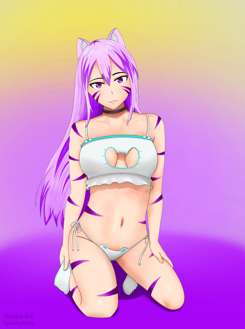 1girl absurdres animal_ear_fluff animal_ears bare_shoulders bra breasts cat_ears cat_girl cat_lingerie choker frills highres looking_at_viewer markings meme_attire navel panties purple_background purple_hair solo stomach underwear violet_eyes white_panties