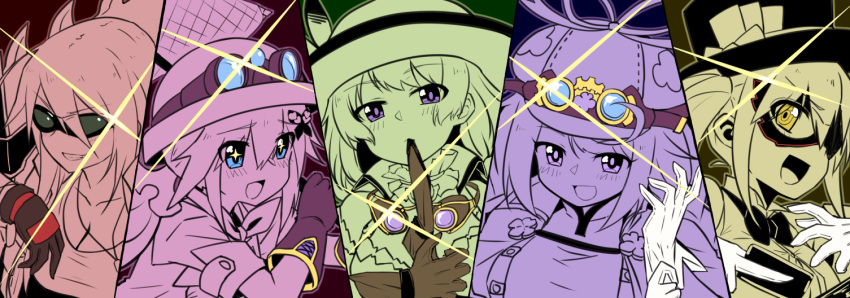 +_+ 5girls :d bangs biting blue_eyes blush cabbie_hat character_request closed_mouth domino_mask eyebrows_visible_through_hair flower_knight_girl glove_biting glove_in_mouth gloves gloves_removed goggles goggles_on_headwear green-tinted_eyewear grin hair_between_eyes hair_ornament hat head_tilt jacket komachisou_(flower_knight_girl) long_hair maronie_(flower_knight_girl) mask mizunashi_(second_run) mouth_hold multiple_girls open_mouth shirt short_sleeves smile streptocarpus_(flower_knight_girl) sunglasses top_hat violet_eyes warunasubi_(flower_knight_girl) yellow_eyes