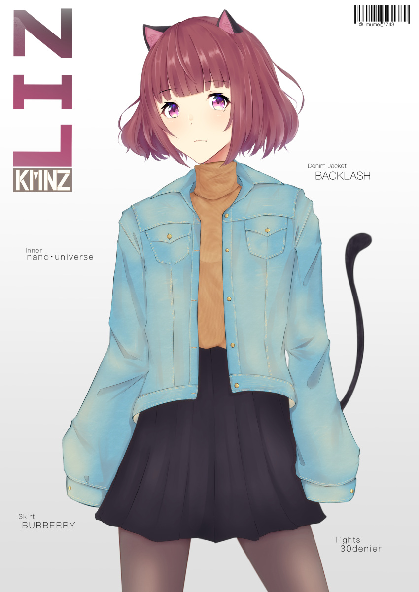 1girl :t absurdres alternate_costume animal_ears barcode black_legwear black_skirt blush brown_hair casual cat_ears cat_tail closed_mouth denim denim_jacket english_text eyebrows_visible_through_hair fashion gradient gradient_background highres jacket kmnz long_sleeves mc_liz mumei_(mumei_7743) pantyhose pleated_skirt pout short_hair skirt solo tail turtleneck violet_eyes virtual_youtuber